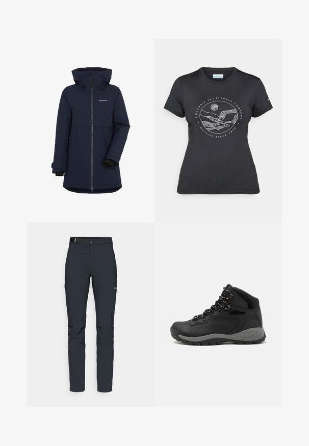 Tumsas zilsūdens izturīgs jaciņa ar rāvējslēdzēja aizmuguri, regulējamu kapuci un elastīgiem aprocēm. Tam ir vidēja garuma griezums un uzlīme uz krūtīm.; Melnā Columbia T-kreklā ar baltu apļa kalnu un upes kontūru mākslu, kā arī tekstu "Columbia Sportswear Company Outside Since 1938."; Vīriešu āra bikses, tumši pelēkā krāsā, izgatavotas no elastīga materiāla, ar jostu, kabatām ar rāvējslēdzēju un pastiprinātām šuvēm.; Melni pārgājienu zābaki ar vidēju augstumu, ar teksturētu augšdaļu, pelēkiem akcentiem un izturīgu gumijas zoli ar saķeres izvirzījumiem.