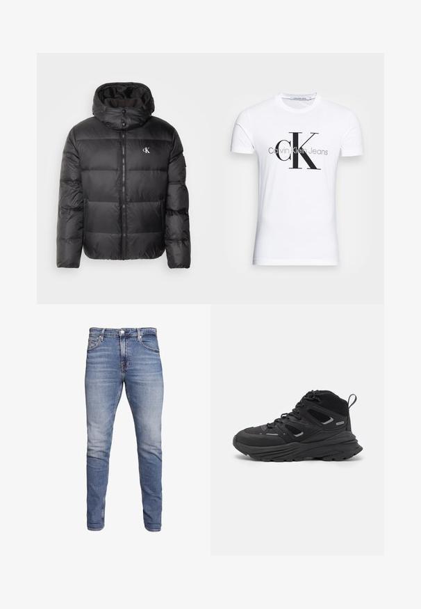 Calvin Klein Jeans ESSENTIALS JACKET - Dunjakke - black; Hvit bomull T-skjorte med svart "CK" logo og "Calvin Klein Jeans" tekst, korte ermer og klassisk rund hals.; Blå tettsittende jeans med fem lommer, falmet vask, knappelukking og beltehemper, vist mot en hvit bakgrunn.; Sorte tursko med en lagdelt design, teksturert stoff og gummisåle, med forsterkede områder og snøring foran.
