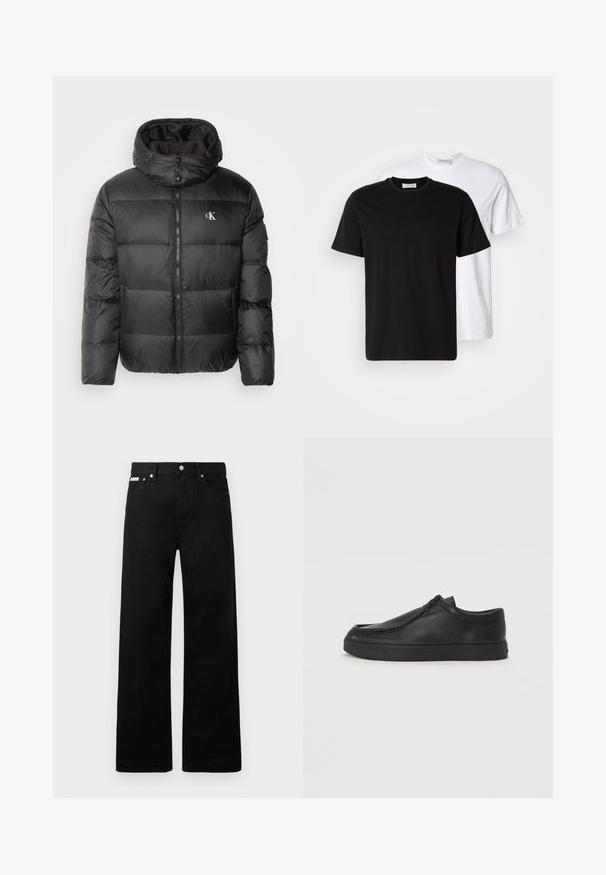 Calvin Klein Jeans ESSENTIALS JACKET - Pūkinė striukė - black; Du riebi medvilniniai marškiniai, vieni juodi, padėti prie baltų, abu trumpomis rankovėmis ir apvaliais iškirpimais.; Juodos džinsinės kelnės su plačiu kojų dizainu, turinčios penkias kišenes ir metalinius sagčių akcentus. Lygus paviršius, be matomų raštų.; Juodos odinės supjamintus batelius su apvaliu pirštu, siuvinėtu akcentu ir juodu guminiu padu. Lygus tekstūra su minimalistišku dizainu.