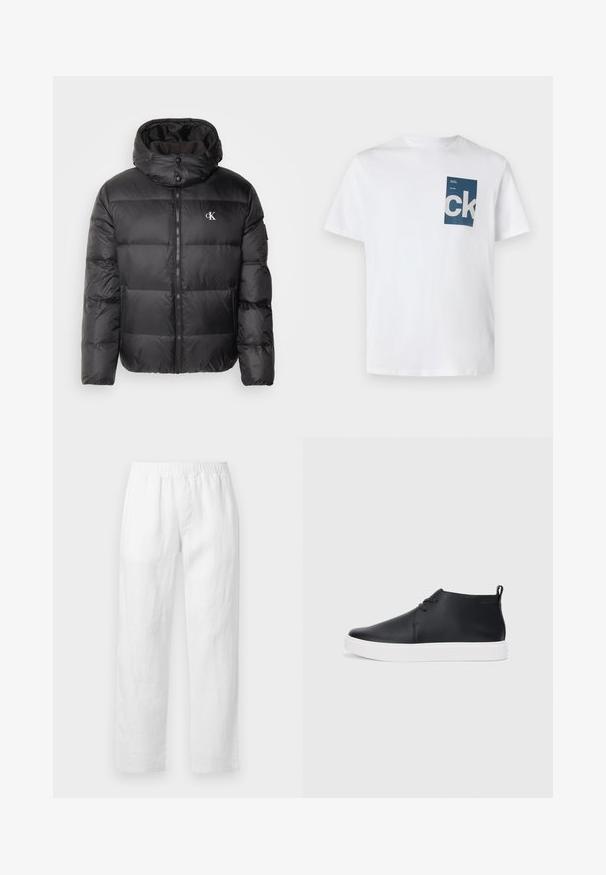 Calvin Klein Jeans ESSENTIALS JACKET - Dunjacka - black; Vit bomullströja med en blå rektangulär ficka med vit "ck" logotyp och textdetaljer. Korta ärmar, rund halsringning, normal passform.; Vita linnebyxor med resårmidja, rak passform och mjuk textur utan synliga mönster eller detaljer i metall.; Svarta läderhögsneakers med en slät yta, vit gummisula och enkel snörning. Har en dragflik på baksidan.