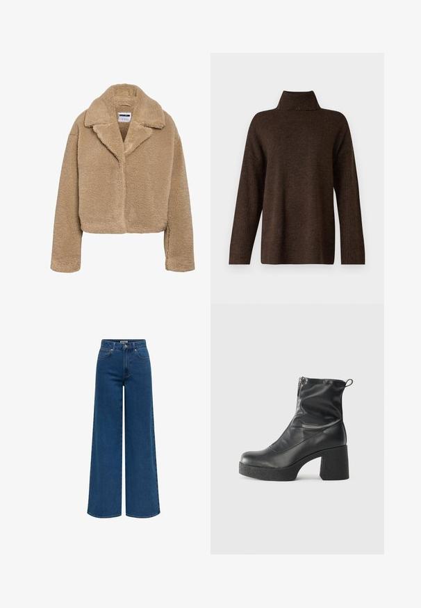 Kuttet beige teddyfrakk med hakket krage, teksturert fleece-materiale og lange ermer. Har skjult frontlukking.; Brun strikket genser med høy ribbestrikket krage, vide ermer og en myk tekstur. Har en avslappet passform og ribbestrikkede detaljer på ermene.; Bredde jeans i mørkeblå denim, med høy livhøyde, to frontlommer og en knapp med glidelås. Rette hemferdigheter.; Svarte ankelstøvler laget av glatt lær, med glidelås på siden, chunky strukturert hæl, og rund tå-design.