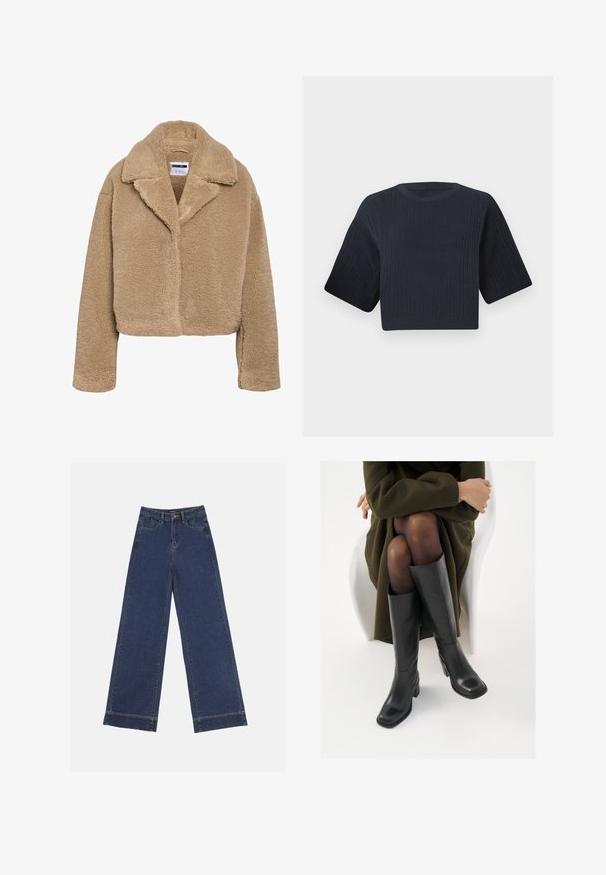 Cropped beige teddy coat with a notched collar, textured fleece material, and long sleeves. Features a hidden front closure.; Dark navy cropped knit sweater with ribbed texture, short wide sleeves, and a round neckline. Simple design, no visible patterns or accents.; Wide-leg jeans in dark blue denim. Features five pockets, belt loops, and a raw hem at the bottom with visible stitching details.; Knee-high black leather boots with a squared toe and block heel, shown with a model seated in an olive green coat. Smooth texture, minimal detailing.