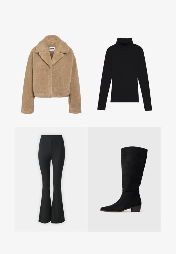 Īss bēša krāsas teddy mētelis ar izgrieztu apkakli, teksturētu vilnas materiālu un garām piedurknēm. Ir slēpta priekšējā aizdare.; Melnā turtlenecka garām piedurknēm augšdaļa, izgatavota no ribotas auduma, ar pieguļošu piegriezumu, augstu kakla izgriezumu un bez rakstiem vai akcentiem.; Melni platas bikses, kas izgatavotas no elastīga auduma. Tām ir augsts viduklis un gluda, pieguloša forma, kas paplašinās no ceļa uz leju.; Melnas zamšādas ceļgalu augstas zābaki ar zemu blokveida papēdi un smailu purngalu, attēloti sānu skatījumā uz vienkārša gaiši pelēka fona.