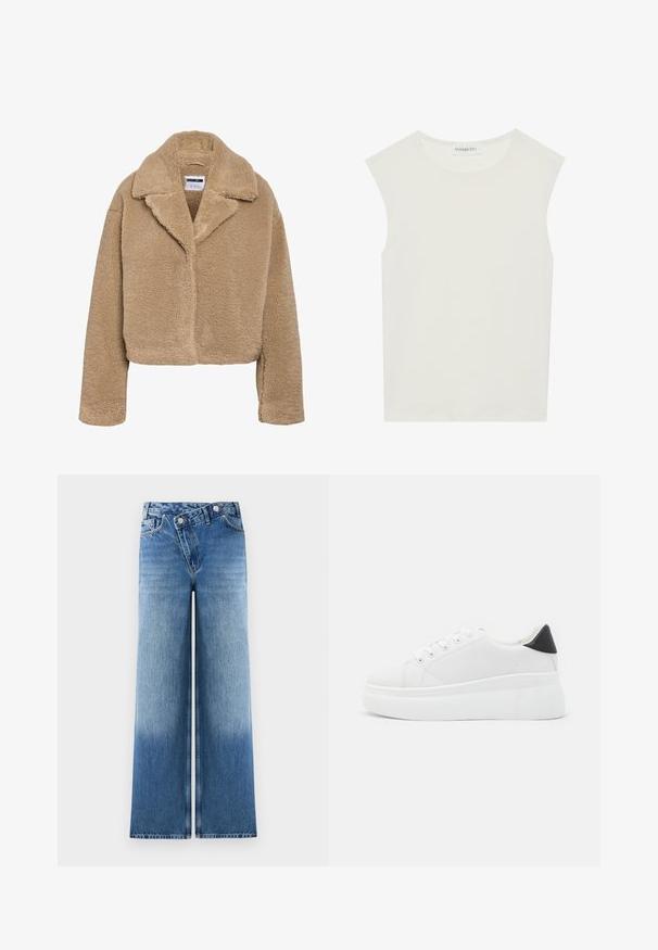 Kuttet beige teddyfrakk med hakket krage, teksturert fleece-materiale og lange ermer. Har skjult frontlukking.; Hvit ermeløs topp med rund hals. Laget av glatt stoff, har den en avslappet passform og minimalistisk design. Ingen mønstre eller detaljer.; Lyseblå vide jeans med en falmet vask, som har et klassisk fem-lomme-design og metalknap-detaljer ved livet.; Hvite plattform sneakers laget av glatt syntetisk materiale, med rund tå, snøring og en strukturert gummisåle. Svart hæl akcent.