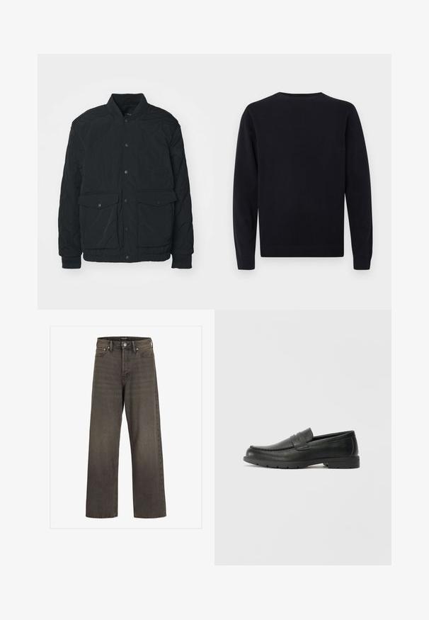 Crna jakna s kockastim uzorkom, rebrastim ovratnikom, dugmadi na kopčanje, dva prednja džepa i elastičnim manžetama; posjeduje mat teksturu i laganu konstrukciju.; Crna dugorukava majica s okruglim izrezom i rebrastim manžetama i rubom, prikazana na praznoj bijeloj pozadini.; Široke traperice u tamnosivom denimu, s visokim strukom, klasičnim dizajnom s pet džepova i kontrastnim šavovima duž šavova.; Crne kožne mokasine s glatkom površinom, gornji dio u stilu mokasina, ojačani šavovi i gumeni potplat. Klasičan dizajn s niskom petom.