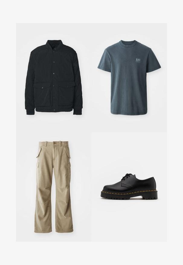 Czarna pikowana kurtka z prążkowanym kołnierzem, zatrzaskami, dwiema przednimi kieszeniami i elastycznymi mankietami; charakteryzuje się matową teksturą i lekką konstrukcją.; Czarnoszary t-shirt bawełniany z okrągłym dekoltem, krótkimi rękawami i małym nadrukowanym logo po lewej stronie. Klasyczny krój z prostym dołem.; Beżowe spodnie cargo wykonane z wytrzymałego materiału, charakteryzujące się luźnym krojem, wieloma kieszeniami bocznymi i wzmocnionymi kolanami. Płaski przód.; Czarne skórzane buty na sznurówki z zaokrąglonym noskiem, teksturowaną gumową podeszwą i żółtym przeszyciem wokół podstawy. Płaski design i gładkie wykończenie.