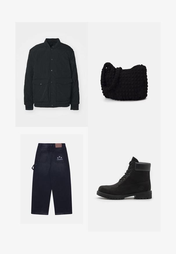 Chaqueta negra acolchada con cuello acanalado, botones de presión, dos bolsillos frontales y puños elásticos; presenta una textura mate y un diseño ligero.; Dos camisetas de manga corta, una blanca y otra negra, con un diseño de cuello alto, hechas de suave material de algodón.; Pantalones de mezclilla oscura con un ajuste holgado. Presenta dos bolsillos traseros, un parche de cuero con el logo y un diseño de cinco estrellas en uno de los bolsillos.; Botín negro con cordones hasta el tobillo, con cuello acolchado y suela resistente, mostrado de perfil sobre un fondo blanco.; Bolsa de tela negra con un patrón texturizado y acolchado. Forma redondeada, asas cortas y gruesas, y una estructura blanda y flexible.