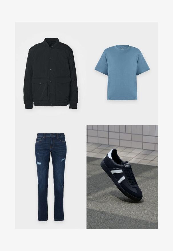 Black quilted jacket with a ribbed collar, snap buttons, two front pockets, and elastic cuffs; features a matte texture and lightweight design.; Blue short-sleeve t-shirt, made of cotton, with a crew neck and a relaxed fit. Smooth texture, minimalist design, no patterns or accents.; Dark blue denim jeans with a straight cut, featuring distressed rips at the knees, traditional pockets, and visible contrasting stitching.; Black leather sneaker with white stripes, textured rubber sole, and lace-up front. Features a branded label on the tongue.