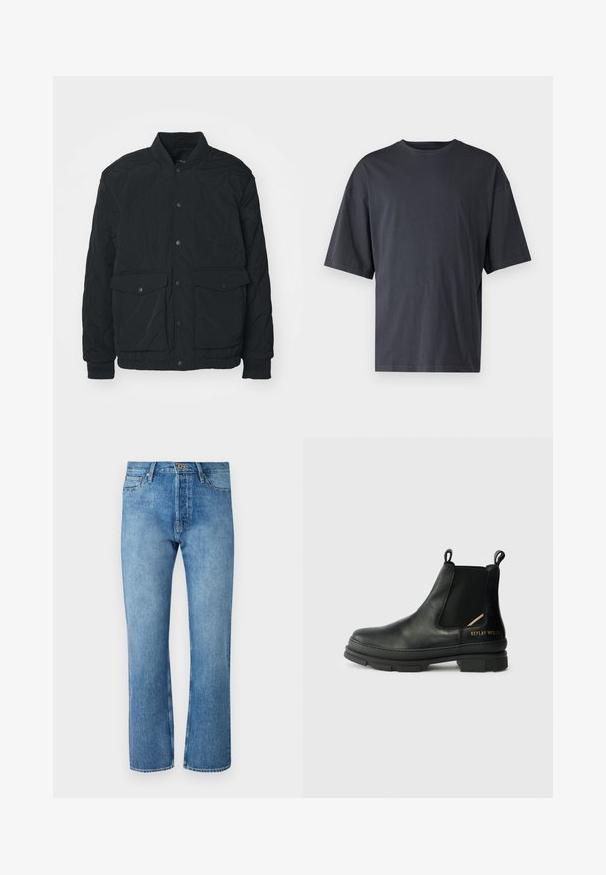 Crna jakna s kockastim uzorkom, rebrastim ovratnikom, dugmadi na kopčanje, dva prednja džepa i elastičnim manžetama; posjeduje mat teksturu i laganu konstrukciju.; Tamno siva kratka majica s kratkim rukavima, izrađena od laganog pamuka, s opuštenim krojem i klasičnim okruglim izrezom, bez uzoraka i teksta.; Svijetloplave traperice ravnog kroja, s klasičnim dizajnom s pet džepova, zatvaranjem na dugme i kontrastnim šavovima.; Crne kožne Chelsea čizme s elastičnim bočnim panelima, debelim gumenenim potplatom, petnim trakama za obuvanje i metalnim logotipom na peti.