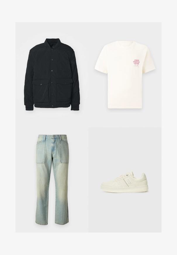 Casaco preto acolchoado com colarinho canelado, botões de pressão, dois bolsos frontais e punhos elásticos; apresenta uma textura mate e um design leve.; T-shirt branca de mangas curtas com o texto vermelho "Edição Originais do Estúdio" no lado esquerdo do peito, apresentada sobre um fundo cinza neutro.; Jeans de ganga azul claro com corte reto, costura visível e dois grandes bolsos frontais. O tecido tem uma textura desbotada.; Sapatilha de cor creme com detalhes perfurados, atacadores e logotipo na lateral, apresentada contra um fundo branco liso.