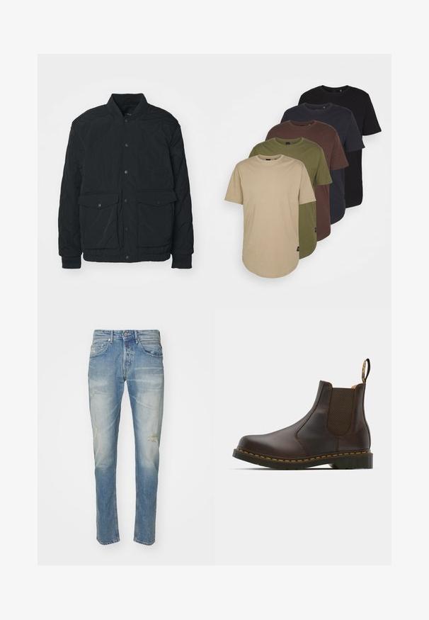 Black quilted jacket with a ribbed collar, snap buttons, two front pockets, and elastic cuffs; features a matte texture and lightweight design.; Five t-shirts arranged in gradient colors: beige, olive, brown, dark blue, and black. Made of soft cotton with short sleeves and round neck.; Light blue denim jeans with faded finish, subtle distressing at knees, straight leg design, five-pocket style, and metal button closure.; Brown leather Chelsea boot with elastic side panels, textured heel, and contrast yellow stitching. Features a pull tab for easy wear.