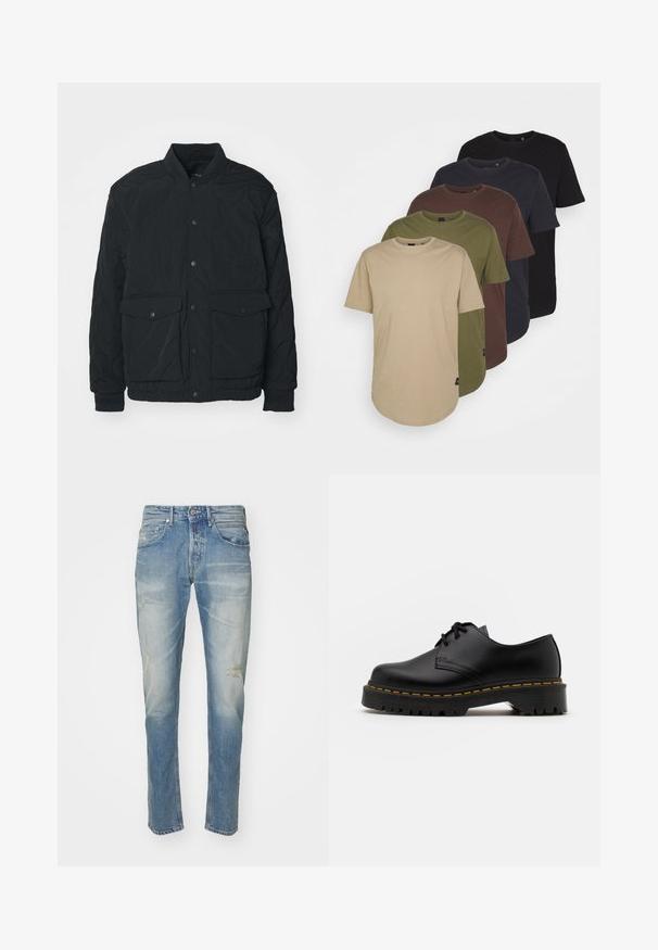 Jachetă neagră matlasată cu guler cu nervuri, nasturi tip snap, două buzunare frontale și mansete elastice; prezintă o textură mată și un design ușor.; Cinco tricouri aranjate în culori gradiente: bej, oliv, marron, albastru închis și negru. Fabricate din bumbac moale, cu mâneci scurte și guler rotund.; Blugi din denim de culoare albastră deschisă cu un finisaj ușor decolorat, ușor deteriorați la genunchi, design drept, stil cu cinci buzunare și închidere cu nasture metalic.; Pantof black din piele, cu sireturi, cu vârf rotund, talpă din cauciuc texturat și cusături galbene în jurul bazei. Design plat și finisaj neted.