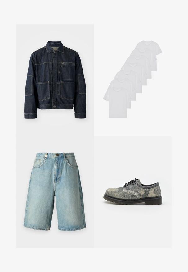 Tummansininen farkkutakki, jossa on kauluspanta, edessä nappikiinnitys, useita läppätaskuja ja kontrastiväriset ompeluyksityiskohdat.; Valkoiset puuvillapaidat, lyhyet hihat, pyöreä kaula-aukko, yksinkertainen pinta, pinottuina riviin, jossa on hienoinen brändäys kaula-aukossa.; Vaaleansiniset farkkushortsit, joissa on rento malli. Edessä on taskut, napitus ja haalistunut pesu, jossa on hienovaraisia kulutustyylit.; Valkava kengät, jotka on valmistettu teksturoidusta harmaasta kankaasta mustilla yksityiskohdilla, paksu kumipohja ja valkoiset ompeluyksityiskohdat. Pyöreä kärkipohjan muoto.