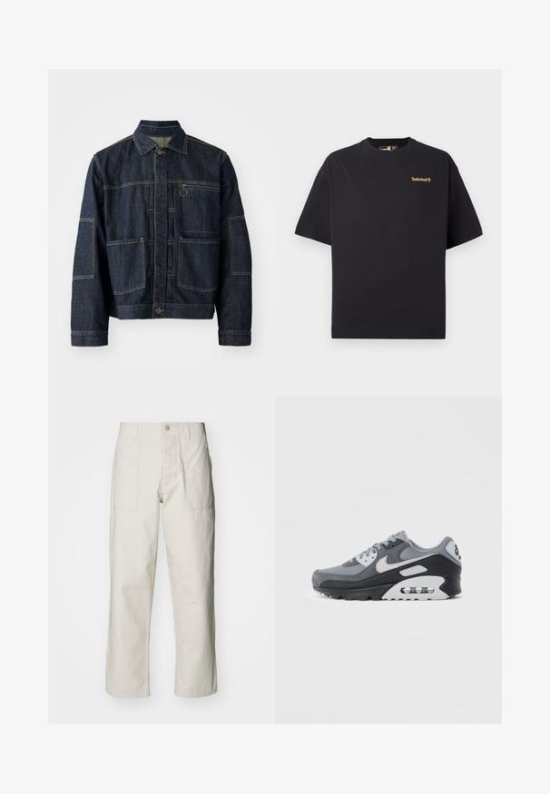 Dark blue denim jacket featuring a collared neck, front button closure, multiple patch pockets, and contrasting stitching details.; Black short-sleeve crew neck Timberland T-shirt with small tan logo on the upper left chest, displayed on a white background.; Light beige wide-leg pants made of cotton. Features front pockets and a button closure. Smooth texture with subtle vertical lines.; Gray sneaker featuring a mix of mesh and suede materials, with a black sole and visible air unit. Notable light gray accents and laces.