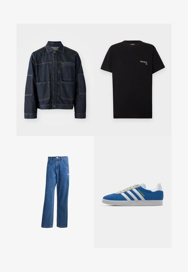 Dark blue denim jacket featuring a collared neck, front button closure, multiple patch pockets, and contrasting stitching details.; Black cotton T-shirt with short sleeves, round neckline, and a small white logo printed on the left chest area.; Blue high-waist wide-leg denim jeans with front pockets, belt loops, button closure, and small Adidas logo on the right thigh.; adidas Originals ADIDAS GAZELLE SHOES - Indoor football boots - real madrid/bluebird/footwear white/crew yellow