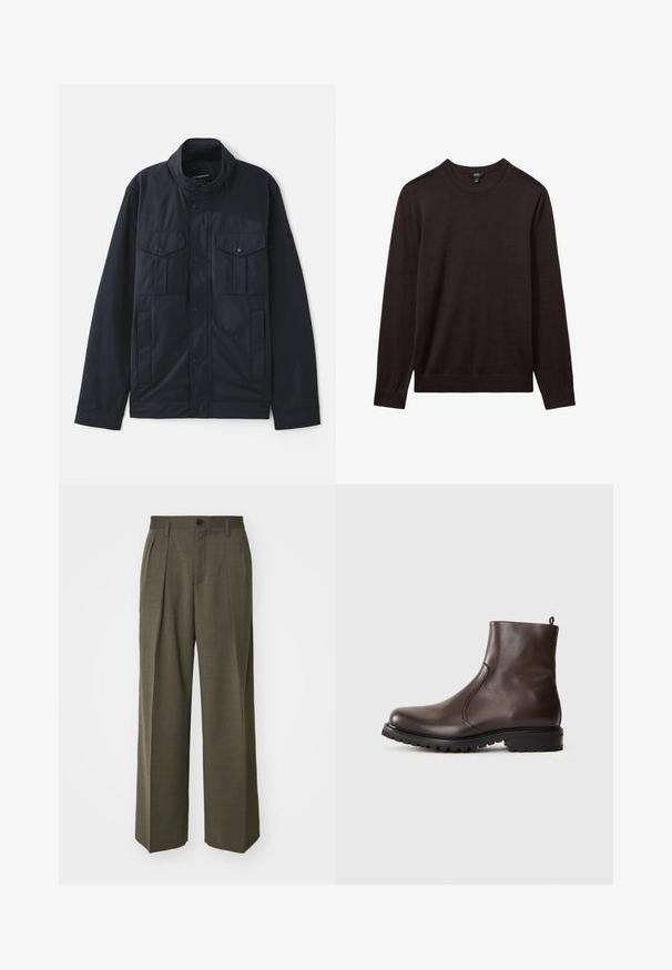 Marinblå jacka med en strukturerad krage, tryckknappsstängning, två bröstfickor och en mjuk, matt finish. Designad för både funktion och komfort.; Reiss Stickad tröja - dark bordeaux; Filippa K WIDE TROUSERS - Tygbyxor - driftwood; Brun läderankelboot med en slät yta, elastiska sidopaneler, dragflik bak och en robust gummisula.