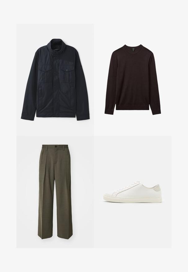 Tumesinine jakk, millel on struktureeritud krae, nupulisulgur, kaks rinna taskut ja pehme, matist viimistlus. Kujundatud kasutusmugavuse ja mugavuse nimel.; Reiss Džemper - dark bordeaux; Filippa K WIDE TROUSERS - Püksid - driftwood; Valge nahast sneaker, millel on sile pind, ümar varvas ja minimalistlik disain. Omab beeže aktsente kontsas ja kummist tallat.