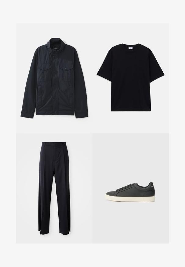 Merikanssijakku, jossa on rakenteellinen kaulus, painonappikiinnitys, kaksi rintataskua ja pehmeä, mattapintainen viimeistely. Suunniteltu käytännöllisyyttä ja mukavuutta varten.; Mustat lyhythihainen oversized T-paita, jossa on pyöreä kaula-aukko ja näkyvä Filippa K -tuotemerkki etiketti kauluksessa.; Musta, korkeavyötäröinen housupari, jossa on leveä lahje, valmistettu sileästä kankaasta. Edessä on laskokset ja vyölenkit. Minimalistinen muotoilu, ei näkyvää metalliosaa.; Musta nahkakenkä, jossa on matala profiili, pyöreä kärki ja nauhakiinnitys; siinä on tekstiilipohja ja logoyksityiskohta kantapäässä.