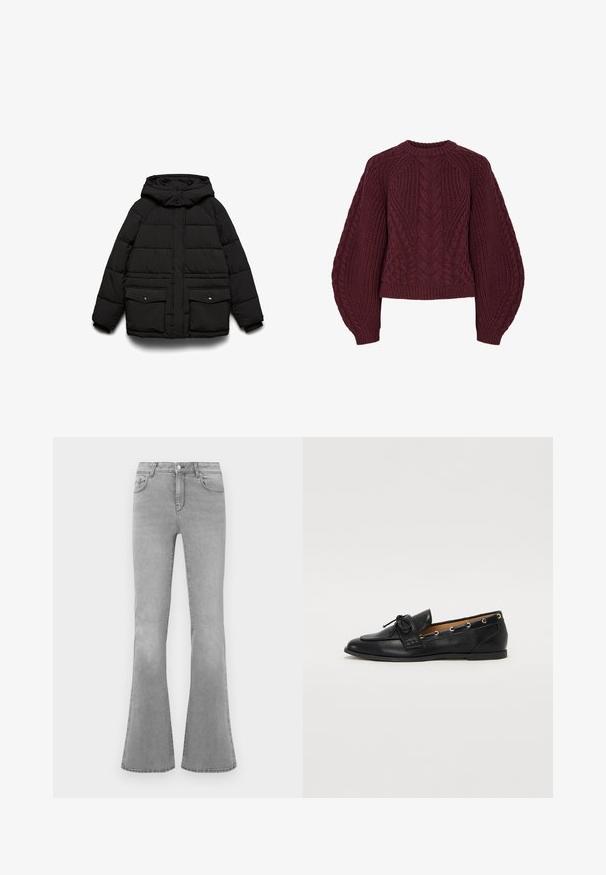 Fekete párnázott dzseki kapucnival, két első zsebbel, cipzáras záródással és steppelt, hőszigetelő textúrával.; Burgundy kötött pulóver texturált kábelmintákkal, kerek nyakkal és puffos ujjal. Az bordázott mandzsetta és szegély kiemeli a dizájnt.; Szürke, trapéz szabású farmernadrág, klasszikus ötpocket dizájnnal, cipzáras sliccsel és finom kopási részletekkel a lábak mentén.; Fekete bőr lófarok cipők, megkötött masnival, arany szemcsés díszítéssel az oldalán és lapos gumitalppal. Simaság, klasszikus dizájn.