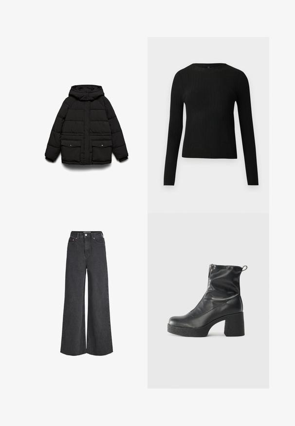 Fekete párnázott dzseki kapucnival, két első zsebbel, cipzáras záródással és steppelt, hőszigetelő textúrával.; Fekete bordázott, hosszú ujjas, testhez simuló pulóver kerek nyakkivágással, világos, egyszínű háttér előtt kiemelve.; Magas derekú fekete, bőszárú farmernadrág elülső gombbal és cipzárral, öt zsebbel és nyers széllel.; Fekete bokacsizmák sima bőrből, oldalsó cipzárral, vastag, texturált sarkú és lekerekített orrú dizájnnal.