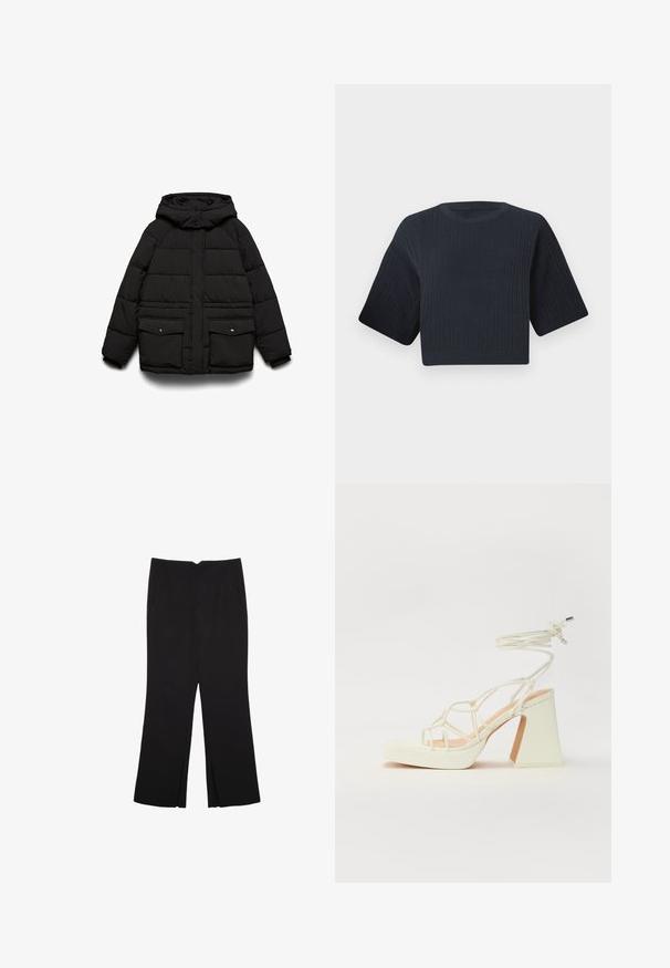 Čierna prešívaná bunda s kapucňou, dvoma prednými vreckami, zapínaním na zips a prešívanou textúrou pre izoláciu.; Tmavomodrý krátky pletený sveter s rebrovanou textúrou, krátkymi širokými rukávmi a okrúhlym výstrihom. Jednoduchý dizajn, bez viditeľných vzorov alebo akcentov.; Čierne nohavice so strihom rovného strihu, s prednými vreckami a bočnými rozparkami na leme. Vyrobené z mäkkej, hladkej tkaniny. Vhodné na rôzne príležitosti.; Biele sandále na vysokom opätku s hrubým podpätkom, s pruhovaným dizajnom a viazaním na členku. Hladký povrch s platformou vpredu pre zvýšenú výšku.