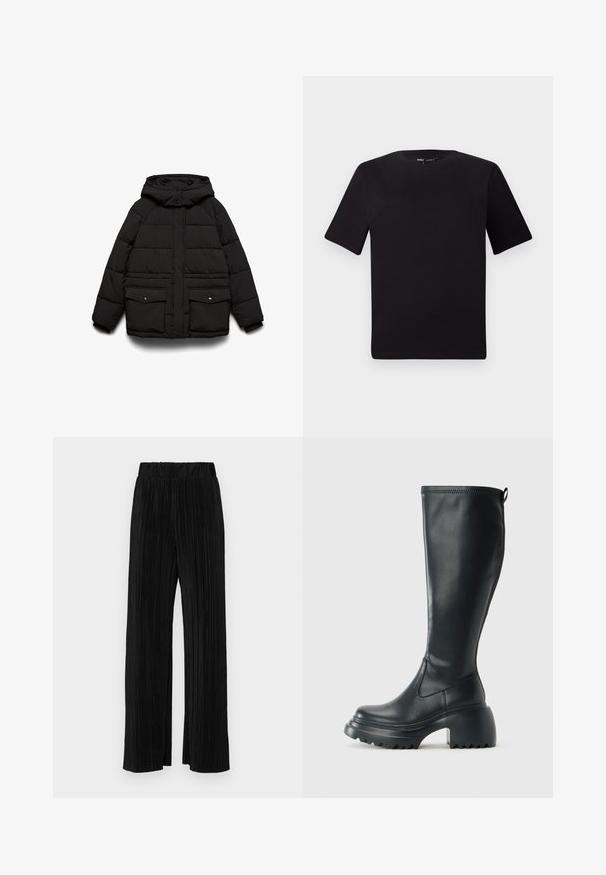 Must polsterdatud jope kapuutsiga, millel on kaks esist taskut, tõmblukk ja õmmeldud muster soojustuseks.; Must olema lühikeste varrukatega must t-särk ümmarguse kaelusega, valmistatud pehmest puuvillast kangast. Lihtne disain, ilma nähtavate logode või mustriteta.; Mustad pleekitud püksid elastse vöökohtaga. Omavad laiad jalad ja sujuvat, tekstureeritud kangast vertikaalsete triipudega.; Kõrge must nahksaapad, millel on massiivne platvormi tald ja blokk-kand, varustatud tõmbenööriga ja tekstuuriga väljatõmbejääk.