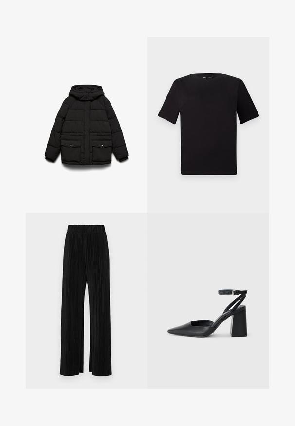 Casaco acolchoado preto com capuz, apresenta dois bolsos frontais, fecho de correr e textura acolchoada para isolamento térmico.; T-shirt preta de mangas curtas com decote redondo, feita de tecido de algodão suave. Design simples, sem logótipos ou padrões visíveis.; Calças pregueadas pretas com uma cintura elástica. Apresentam pernas largas e um tecido liso, texturizado com riscas verticais.; Sandal com biqueira afilada em couro preto, com cinta no tornozelo e salto grosso. Textura lisa, design elegante e estética minimalista.
