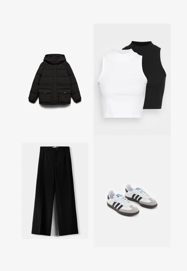 Černá prošívaná bunda s kapucí, vybavená dvěma předními kapsami, zapínáním na zip a prošívanou texturou pro izolaci.; Dvě bezrukávové halenky s ribovým stojáčkem v černé a bílé barvě, které mají přiléhavý střih a hladkou texturu, s krácenou délkou.; Černé široké kalhoty z lehkého materiálu s předním zapínáním na knoflík a hladkým předním dílem, s pečlivě přišitými lemy.; Sportovní boty s bílým koženým svrškem, šedou semišovou špičkou a třemi černými pruhy. Obsahují modré logo na jazyku a texturovanou gumovou podrážku.