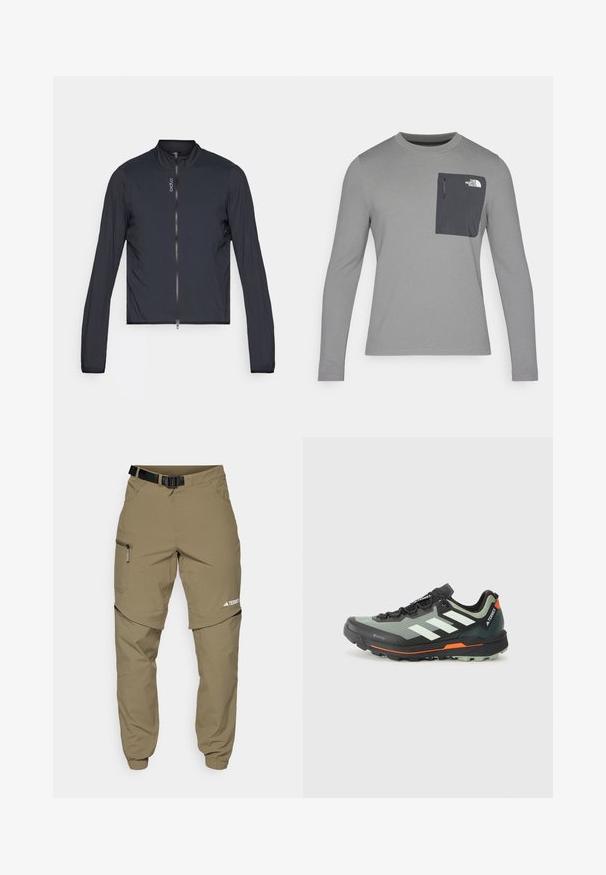 Jachetă neagră, scurtă, cu mâneci lungi, având un guler în picioare și un fermoar complet. Material ușor, cu o textură netedă.; Cămașă gri cu mânecă lungă, dintr-un material texturat, având un buzunar pe piept de culoare gri închis și închidere cu fermoar. Logo-ul pe buzunar este alb.; Pantaloni de exterior khaki, cu o curea ajustabilă neagră, buzunare cu fermoar, mansete conice și picioare inferioare detașabile pentru un stil versatil.; Pantofii ușori de alergare pe trasee sunt confecționați dintr-o plasă gri și neagră, cu accente portocalii și o talpă robustă pentru aderență. Captuseală impermeabilă Gore-Tex.