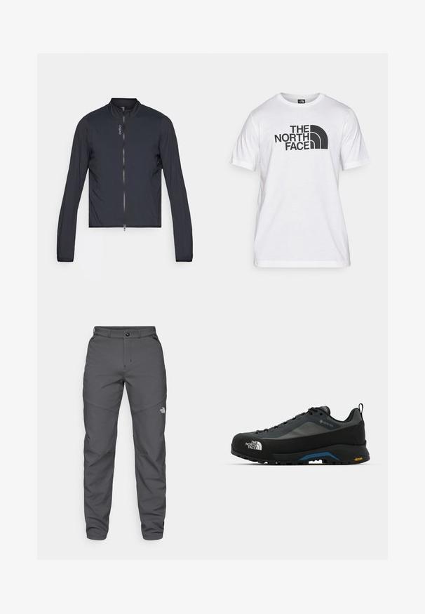 Czarna, krótka kurtka z długimi rękawami, z kołnierzem stojącym i pełnym zamkiem. Lekki materiał o gładkiej teksturze.; Biała bawełniana koszulka z czarnym nadrukiem graficznym, z tekstem i zakrzywionym logo. Okrągły dekolt i krótki rękaw. Gładka faktura.; Szare spodnie outdoorowe wykonane z trwałego materiału, z zapięciem na guzik, szlufkami na pasek i logo w pobliżu dolnej części nogawki.; The North Face VERTO ALPINE szary