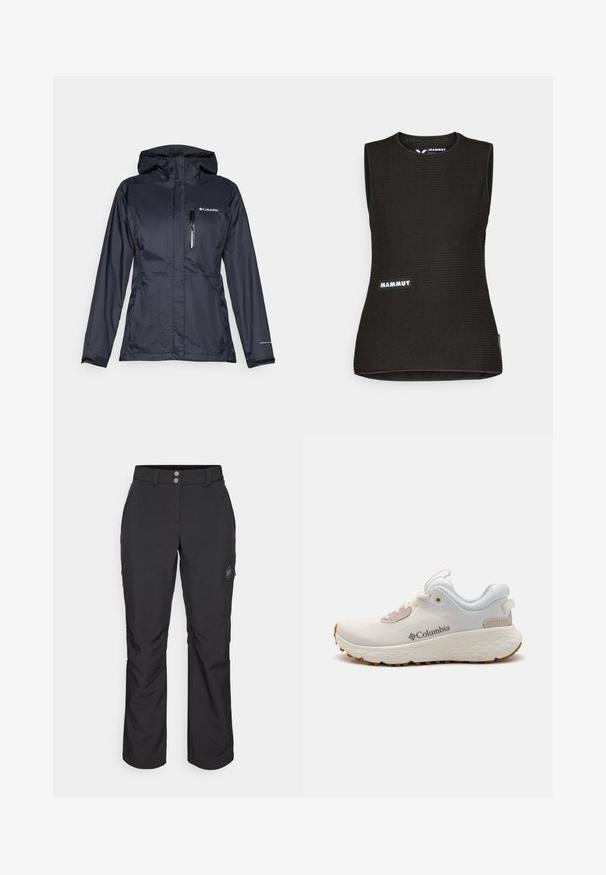 Vandeniui atspari tamsiai mėlyna Columbia striukė, su užtraukiamąja krūtine kišene, reguliuojamu gobtuvu ir elastingomis rankogaliais, kurie užtikrina sandarų prigludimą.; Juodas be rankovių marškinėliai su tekstūruota raštu, apvaliu iškirpimu ir "MAMMUT" logotipu priekyje. Pagaminti iš pralaidaus oro medžiagos.; Juoda lauko kelnės su tiesiu kirpimu, su mygtuko uždarymu, užtrauktuku užtraukiamomis šoninėmis kišenėmis ir logotipo aplikacija kairiajame šlaunyje.; Lengvas Columbia sportinis batelis balto tinklinio audinio su tekstūruota pilka padanga ir guma sukibimui. Yra paminkštinta apykaklė ir raištelių dizainas.