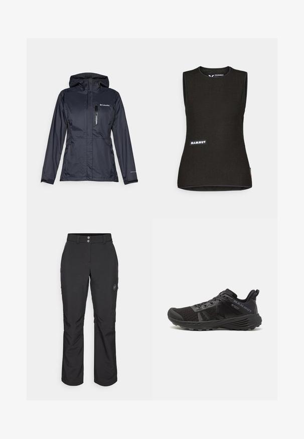 Vodotesný kabát Columbia v tmavomodrej farbe, s vreckom na zips na hrudi, nastaviteľnou kapucňou a elastickými manžetami pre tesné nosenie.; Čierna bezrukávová košieľka s textúrovaným vzorom, ktorá má okrúhly výstrih a logo "MAMMUT" na prednej strane. Vyrobená z priedušného materiálu.; Čierne vonkajšie nohavice so strihom do rovna, s gombíkovým zapínaním, zipsovými bočnými vreckami a logo nášivkou na ľavom stehne.; Čierne běžecké topánky s textúrovaným sieťovaným zvrškom, zosilnenou špičkou a gumovou podrážkou. Obsahujú šnurovací systém a logo na boku.