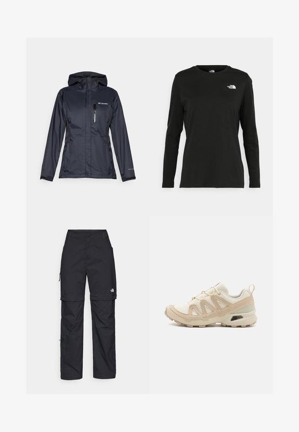 Water-resistant Columbia jacket in dark blue, featuring a zippered chest pocket, adjustable hood, and elastic cuffs for a snug fit.; Black long-sleeve t-shirt made of cotton with a round neck. Features a small white logo on the left chest area. Simple design and fit.; Black nylon zip-off cargo trousers with adjustable cuffs, multiple pockets, and a logo on the right leg. Smooth, lightweight texture.; Beige and cream athletic shoe with textured mesh upper, supportive overlays, and rubber outsole featuring a tread pattern for traction.