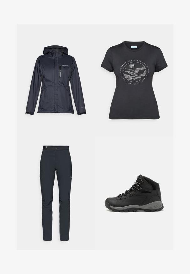 Water-resistant Columbia jacket in dark blue, featuring a zippered chest pocket, adjustable hood, and elastic cuffs for a snug fit.; Black Columbia t-shirt with white circular mountain and river line art and text "Columbia Sportswear Company Outside Since 1938."; Men's outdoor pants, dark gray, made from flexible material, featuring a belt, zippered pockets, and reinforced stitching.; Black hiking boot with a mid-top design, featuring a textured upper, gray accents, and durable rubber sole with traction lugs.