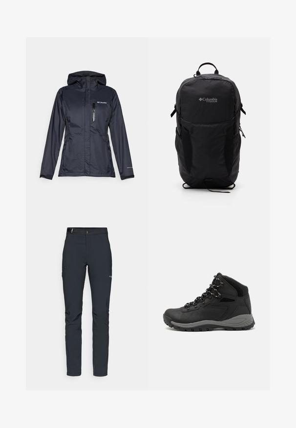 Giacca Columbia impermeabile di colore blu scuro, dotata di tasca sul petto con zip, cappuccio regolabile e polsini elasticizzati per una vestibilità aderente.; Maglietta nera Columbia con arte lineare bianca di una montagna circolare e un fiume, e il testo "Columbia Sportswear Company Outside Since 1938."; Pantaloni da uomo per attività all'aperto, grigio scuro, realizzati in materiale elastico, dotati di cintura, tasche con zip e cuciture rinforzate.; Stivale da trekking nero con design a metà altezza, dotato di una tomaia texturizzata, accenti grigi e suola in gomma resistente con tasselli per la trazione.; Zaino Columbia Titanium nero con una texture di tessuto liscia, tasche laterali, maniglia superiore e spallacci regolabili. Design minimalista con branding discreto.