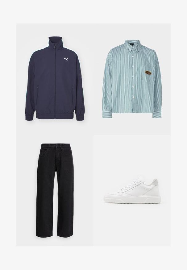 Laivaston takki, jossa on korkea kaulus, etuvetoketju, sivutaskut ja kontrastivärit valkoisena ja mintunvihreänä harteilla. Korostaa logoa.; Kaotiko UNISEX - Vapaa-ajan kauluspaita - green; Mustat denimit leveälahkeiset housut korkealla vyötäröllä, joissa on viisi taskua ja napitus. Kangas on sileä ja hieman joustava.; Valkoiset nahkakengät, joissa on sileä pinta, pyöreä kärki, litteät nauhat ja teksturoitu pohja. Harmaa mokkanahka korostaa kantapäätä.