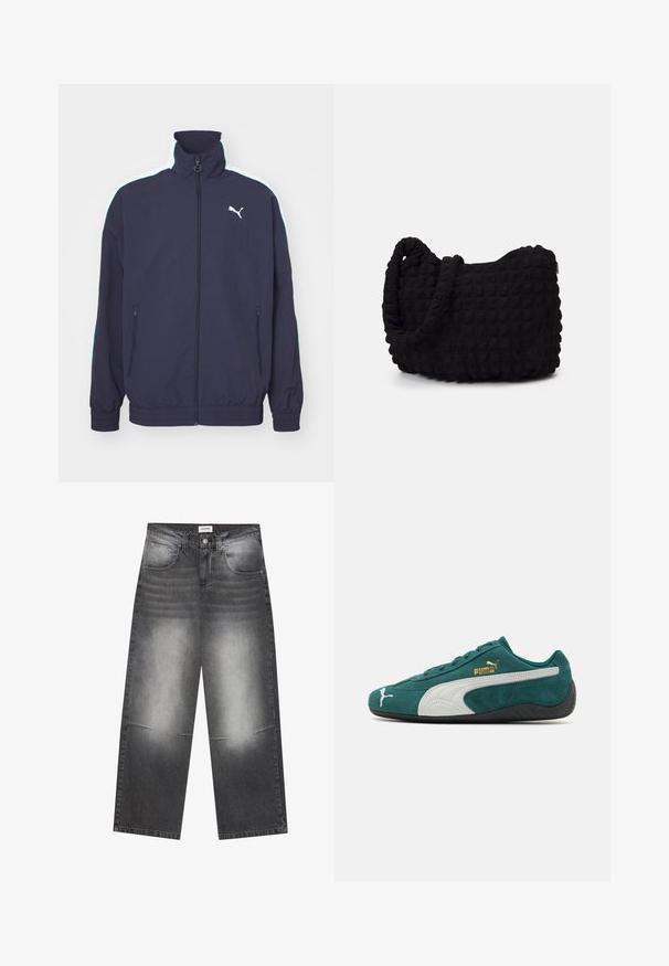 Marineblauwe jas met hoge kraag, ritssluiting aan de voorkant, zijzakken en contrasterende witte en mintgroene strepen op de schouders. Bevat een logo-accent.; Witte katoenen t-shirt met een ronde hals en korte mouwen. Heeft een rechte snit en de merknaam "WEEKDAY" gedrukt aan de binnenkant van de kraag.; Wijdvallende zwarte spijkerbroeken van denim met een vervaagde grijze afwerking, voorzien van zijzakken, een knoopsluiting en lichte beschadigingen op de knieën.; Groene suède sneakers met witte en grijze accenten, een gestructureerd oppervlak, platte rubberen zool en gouden logo-details op de zijkant.; Zwarte stoffen tas met een gestructureerd, gewatteerd patroon. Rondvormig, korte, dikke handvatten en een zachte, flexibele structuur.