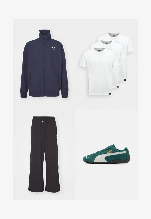 Jachetă marină cu guler înalt, fermoar frontal, buzunare laterale și dungi contrastante alb și verde mentă pe umeri. Prezintă un accent cu logo.; Trei cămăși simple din bumbac alb cu mâneci scurte. Fiecare cămașă are o croială rotundă la gât și un mic eticheta logo neagră pe partea stângă.; Pantaloni de trening negri, cu croială largă, talie elastică și șnur. Prezintă dungi albe pe laterale și două buzunare laterale. Textură netedă.; Sneaker verde din suede cu accente albe și gri, suprafață texturată, talpă plată din cauciuc și detalii aurii cu logo pe lateral.