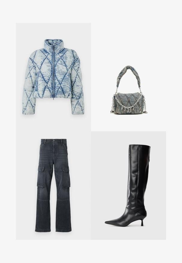 Világoskék steppelt pufi dzseki gyémánt mintázattal, magas gallérral, hosszú ujjakkal és középső cipzáras záródással.; Fehér, rövid ujjú póló bordázott anyagból, kerek nyakkivágással és ezüst színű logo díszítéssel a mellkason.; Sötétszürke cargo nadrág, denim anyagból készült, két oldalsó zsebbel és széles lábú fazonnal. Varrott részletezés a varratokon és éleken.; Fekete bőr, térd fölé érő csizma hegyes orral és karcsú, ívelt sarokkal. Sima tapintás, testhez simuló kialakítás, és látható fémalkatrészek vagy minták nélkül.; Farmer táska steppelt mintával, kék színben, rövid fonott kézi fogantyúval és ezüst lánc pánttal, amelyen fényes márkaneves díszítés található.