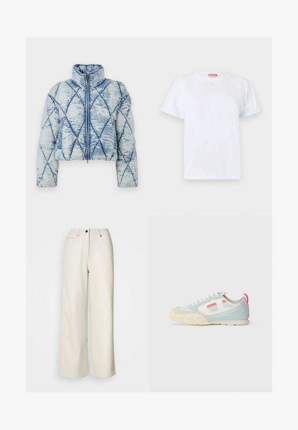 Jasnoniebieska pikowana kurtka puchowa w romby, z wysokim kołnierzem, długimi rękawami i centralnym zapięciem na zamek.; Biała bawełniana koszulka z krótkim rękawem, okrągłym dekoltem i małym logo na klatce piersiowej. Prosty design, gładka tekstura i proste wykończenie.; Kremowe spodnie z szerokimi nogawkami wykonane z gładkiego materiału. Posiadają średni stan, zamek błyskawiczny oraz dwie przednie kieszenie z czarnymi akcentami.; Sneaker w jasnoniebieskim i białym wzorze z teksturowanej zamszowej skóry, kontrastującymi różowymi akcentami oraz masywną kremową podeszwą.
