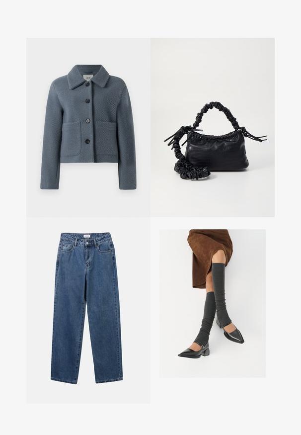 Blågrå teksturert ulljakke med bred krage, frontknapplukking, og to store påsydde lommer, vist på hvit bakgrunn.; Mykete genser med horisontale, lodne striper i nyanser av rosa, lilla og lys grå, med rund hals og lange ermer.; Klassiske blå denimjeans med rett ben-design, fem lommer og knappelukking. Har en middels vask og solid tekstur.; Sorte lakkpumps med spiss tå, blokkhel, og ankelstropp, kombinert med grå ribbestrikkede beinvarmere og et brunt semsket skinn skjørt.; Svart faux skinn-håndveske med krokodilletekstur, strammet topp og en rynket stropp. Ser myk og kompakt ut i designen.