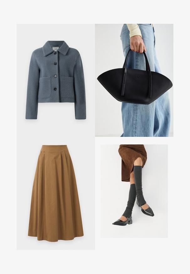 Blau-graue, strukturierte Wolljacke mit breitem Kragen, Knopfverschluss vorne und zwei großen aufgesetzten Taschen, vor einem weißen Hintergrund präsentiert.; Weißes Hemd mit Knöpfen, aus glattem Baumwollstoff, mit klassischem Kragen, langen Ärmeln und abgerundetem Saum. Die Knöpfe sind klein und weiß.; Brauner Baumwoll-A-Linien-Rock mit hoher Taille, der vorne Falten aufweist und eine glatte Textur hat. Der Saum ist sauber und einfach verarbeitet.; Schwarze lacklederne spitze Schuhe mit Blockabsatz und Knöchelriemen, kombiniert mit grauen gerippten Beinstulpen und einem braunen Wildlederrock.; Schwarze Lederhandtasche mit einzigartiger Fächerform, ausgestattet mit flachen Griffen. Die Oberfläche hat eine genoppte Textur und ein minimalistisches Design.