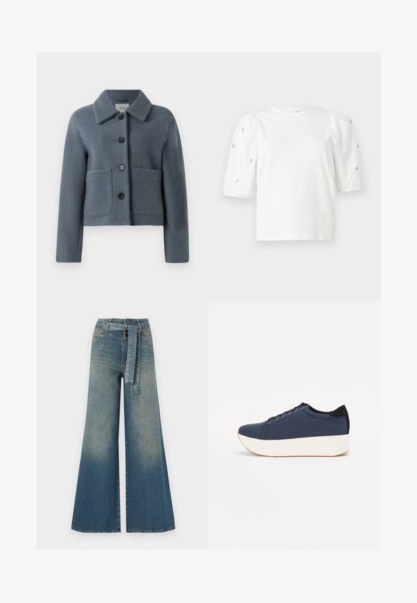 Jachetă din lână texturată bleu-gri, cu un guler lat, închidere frontală cu nasturi și două mari buzunare aplicate, expusă pe un fundal alb.; Tricou alb din bumbac cu mâneci scurte tip bufantă, având mici embellisheuri argintii pe mâneci. Decolteu clasic rotund, croială lejeră.; Pantaloni din denim largi, cu un gradient de la albastru deschis la albastru închis, talie înaltă, bucle pentru curea și o curea din același material. Finisaj texturat din denim.; Sneaker albastru închis, cu un material texturat pe partea superioară, talpă platformă albă, vârf rotunjit și accent de călcâi negru. Dispune de șase găuri pentru șireturi.