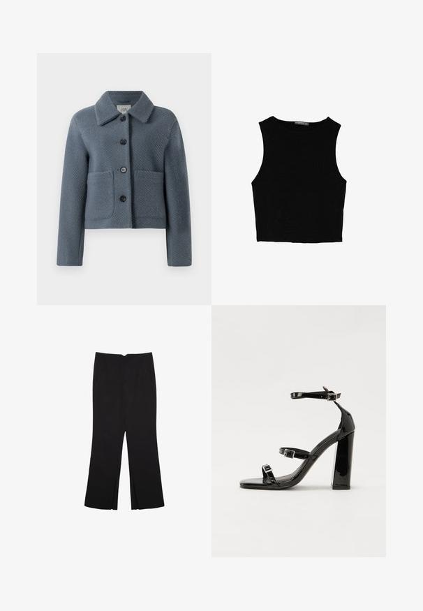 Bledě šedý texturovaný vlněný kabát s širokým límcem, předním zapínáním na knoflíky a dvěma velkými kapsami, vystavený na bílém pozadí.; Černý bezsleeve crop top vyrobený z hladké tkaniny, s kulatým výstřihem a čistým, jednoduchým designem bez vzorů nebo kovových doplňků.; Černé kalhoty s rovným střihem, s předními kapsami a bočními rozparky na lemu. Vyrobené z jemné, hladké tkaniny. Vhodné na různé příležitosti.; Černé lakované sandály na podpatku se čtveratou špičkou, lýtkovými pásky a stříbrnými přezkami. Disponují masivním blokovým podpatkem pro stabilitu.