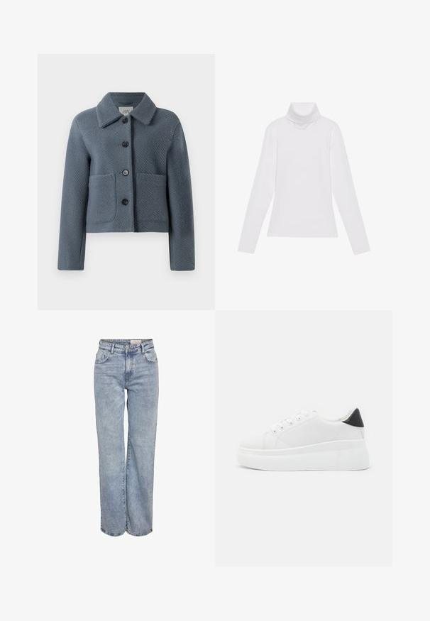 Zila pelēka teksturēta vilnas jaka ar platu apkakli, priekšpuses pogu aizdari un divām lielām kabatām, parādīta uz baltā fona.; Balts garie piedurknēm turtlenecks krekls, izgatavots no gludas, elastīgas auduma. Iezīmē augstu apkakli un pielāgotu dizainu, bez redzamām rakstainām vai rotājumiem.; Gaiši zili platlapu džinsi, izgatavoti no denima, ar augstu jostasvietu, piecu kabatu dizainu un vieglu nolietojuma efektu.; Baltas platforma kedas, izgatavotas no gludas sintētiskas vielas, ar noapaļotu purngalu, saites dizainu un teksturētu gumijas zoli. Melna papēža akcenta detaļa.