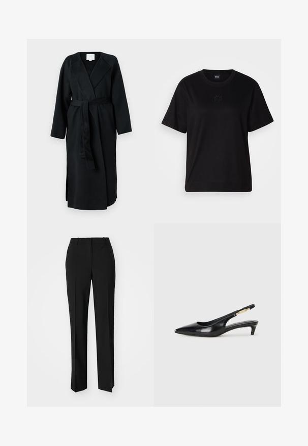 Calvin Klein ARCHIVE COAT - Casaco clássico - black; T-shirt de algodão preto com decote redondo, mangas curtas e um logótipo bordado no peito. Corte simples e descontraído, sem padrões.; Calças pretas de corte ajustado com um design de perna reta, apresentando uma textura lisa e pregas bem definidas na frente. Sem hardware visível.; Saltos slingback em couro preto com bico fino, apresentando um salto esguio e um detalhe em tom dourado na alça ajustável. Textura suave.