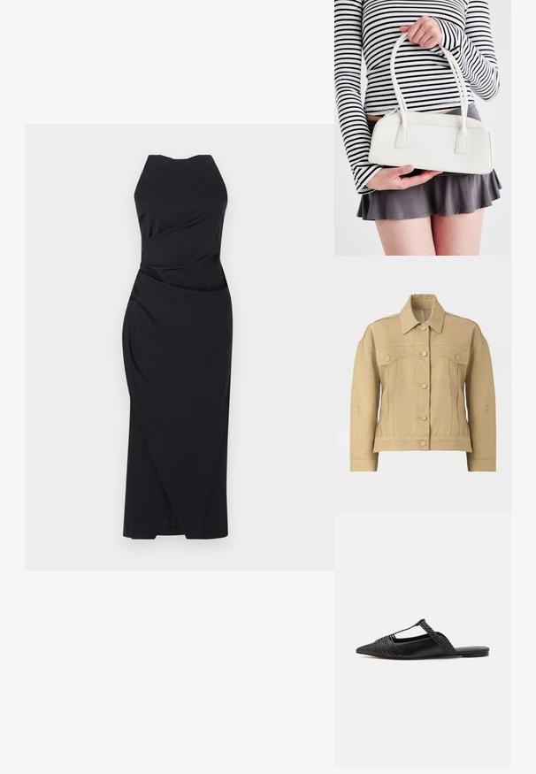 Bežs džinsi žakets ar apkakles dekoltē, priekšējo pogu aizdari un divām krūšu kabatām. Iezīmē struktūras piegriezumu un garām piedurknēm.; Marella ELEGIA - Kokteiļkleita/ballīšu kleita - nero; Melnas ādas slingback kurpes ar norādītu purngali, kurām ir austoša akcenta un krokota augšdaļa. Plakana zole ar minimālu aparatūru.; Balta krokodila ādas rokassoma ar divām rokturiem, taisnstūra forma un rāvējslēdzēja aizdare. Attēlota uz gaismas fona.