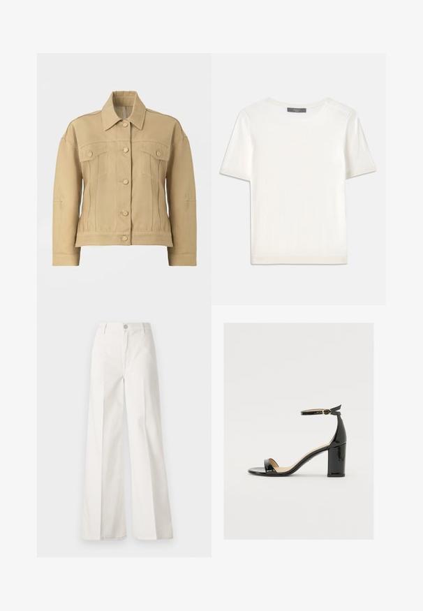 Beež denimpusa, millel on kraega kaelus, ees nööpide sulgemine ja kaks rinna taskut. Omab struktureeritud lõiget ja pikki varrukaid.; Valge lühikeste varrukatega soonikutega viimistletud ringkaelusega kampsun, millel on sile tekstuur.; Valged laiade jalgadega püksid, mis on valmistatud siledast puuvillast. Omab esitallist ning lukuga sulgemist ja nelja tasku disaini.; Must musta nahk sandaalid laia kanna, avatud varvaste ja ankletihaga, millel on kuldne pandla. Sile tekstuur ja elegantne disain.