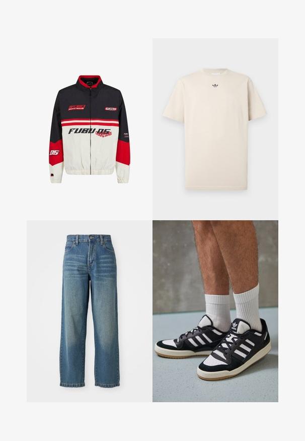 FUBU jakna s crnom, crvenom i bijelom shemom boja. Napravljena od laganog materijala sa zatvaranjem na zatvarač, elastičnim manžetama i upečatljivim logotipom.; Bež pamutna majica s kratkim rukavima i okruglim izrezom, s malim tamnim logotipom na prsima. Glatka tekstura i ležeran kroj.; Svijetloplave široke traperice s visokim strukom, pet džepova i blago izblijeđenim završetkom. Imaju kopčanje na gumb i patentni zatvarač.; Crne i bijele tenisice s gornjim dijelom od antilopa i kože, s tri bijele pruge, perforiranim prstom i gumiranim potplatom.