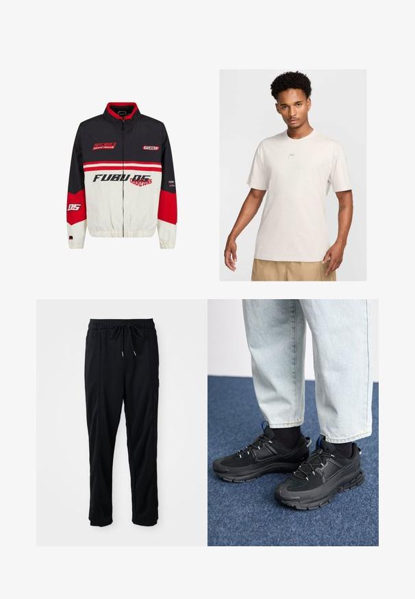 FUBU jakk, millel on must, punane ja valge värvigamma. Valmistatud kergest materjalist, millel on tõmblukk, elastsed mansetid ja julge logo tekst.; Mees lühikeste lokkis juustega kannab beeži Nike T-särki ja khaki lühikesi pükse, seistes otse vastu lihtsale heledale taustale.; Mustad nööridega vööga igapäevased mustad püksid, külgseamipocketid ja sirge sääre lõikega, ühtlasel taustal.; Mustad mustad jooksukingad, millel on tekstureeritud kangas ja kummist tallad, elastsed nöörid ning sinine aksent kandadel. Kandmine heledate teksadega.